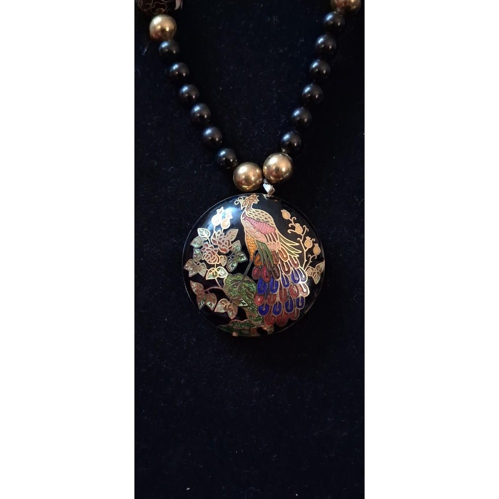 Vintage cloisonné pendant necklace featuring a peacock pendant floral beads.